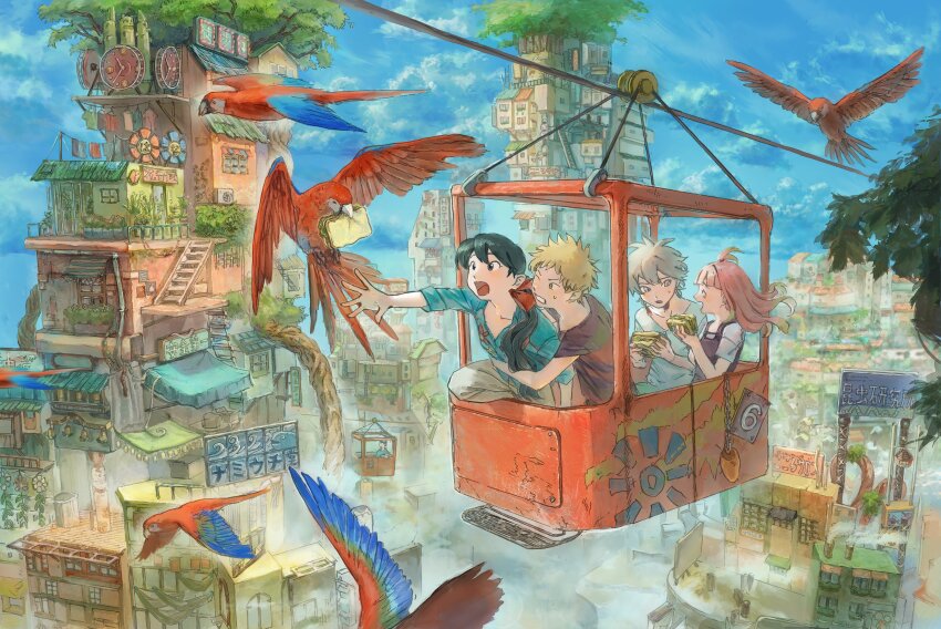 1girl 3boys ^_^ absurdres awning beak_hold bird black_hair blonde_hair blue_shirt blunt_bangs blurry building chakotata chasing city clock closed_eyes commentary_request day depth_of_field dress faceless floating_hair flower food food_theft grey_hair grey_pants hair_over_shoulder hands_up happy highres holding holding_food hug hug_from_behind ladder long_hair long_sleeves low_ponytail mouth_hold multiple_boys one_eye_closed open_mouth original outdoors outstretched_arm pants parrot pinafore_dress pink_hair ponytail profile purple_dress purple_shirt railing red_ribbon ribbon sandwich shirt short_hair sitting sky sleeveless sleeveless_dress topknot tree v-neck vehicle_request white_shirt wind worried