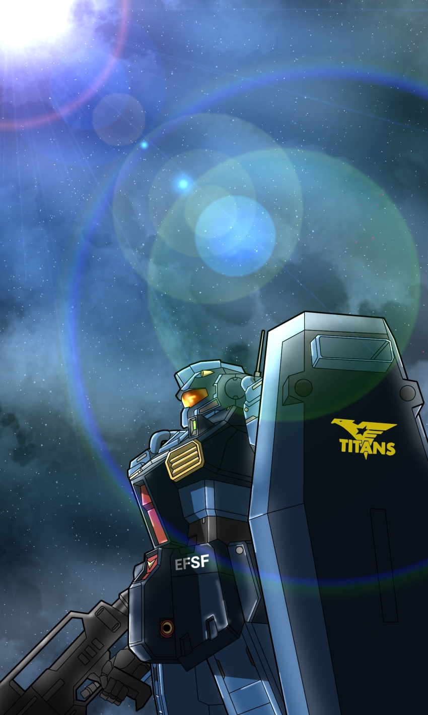 absurdres advance_of_zeta beam_rifle cloud cloudy_sky commentary_request earth_federation_space_forces energy_gun fake_screenshot gm_quel gundam highres lens_flare machinery mecha mecha_focus mobile_suit no_humans orange_visor radio_antenna robot roundel science_fiction shield sky sun titans_(gundam) user_vxst7775 weapon