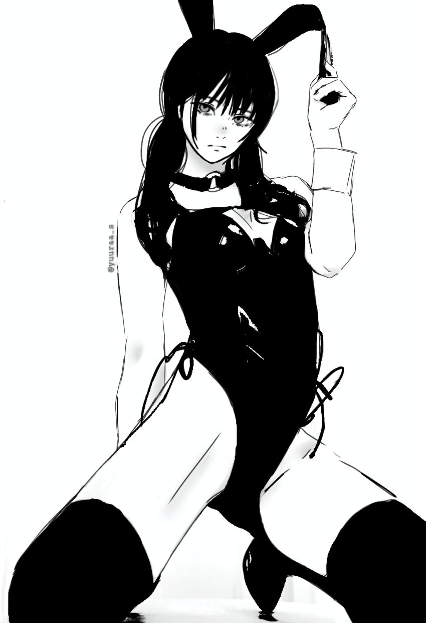 1girl alternate_costume animal_ears breasts chainsaw_man choker closed_mouth commentary fake_animal_ears greyscale highleg highleg_leotard highres leotard low_twintails mitaka_asa monochrome o-ring o-ring_choker playboy_bunny rabbit_ears small_breasts solo thighhighs twintails twitter_username yuuraa