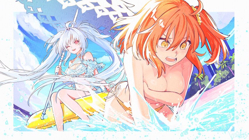 ahoge bare_shoulders bikini bikini_bottom_only breasts cleavage covering_breasts covering_privates fate/grand_order fate_(series) frilled_bikini frills fujimaru_ritsuka_(female) fujimaru_ritsuka_(female)_(brilliant_summer) hair_ornament hair_scrunchie highres holding kimidorix32 lady_avalon_(fate) lady_avalon_(second_ascension)_(fate) long_hair looking_at_viewer medium_breasts merlin_(fate/prototype) multiple_girls official_alternate_costume one_side_up orange_bikini orange_eyes orange_hair orange_scrunchie parasol purple_eyes scrunchie side-tie_bikini_bottom smile string_bikini swimsuit topless_female umbrella very_long_hair wardrobe_malfunction white_bikini white_hair white_umbrella yellow_scrunchie
