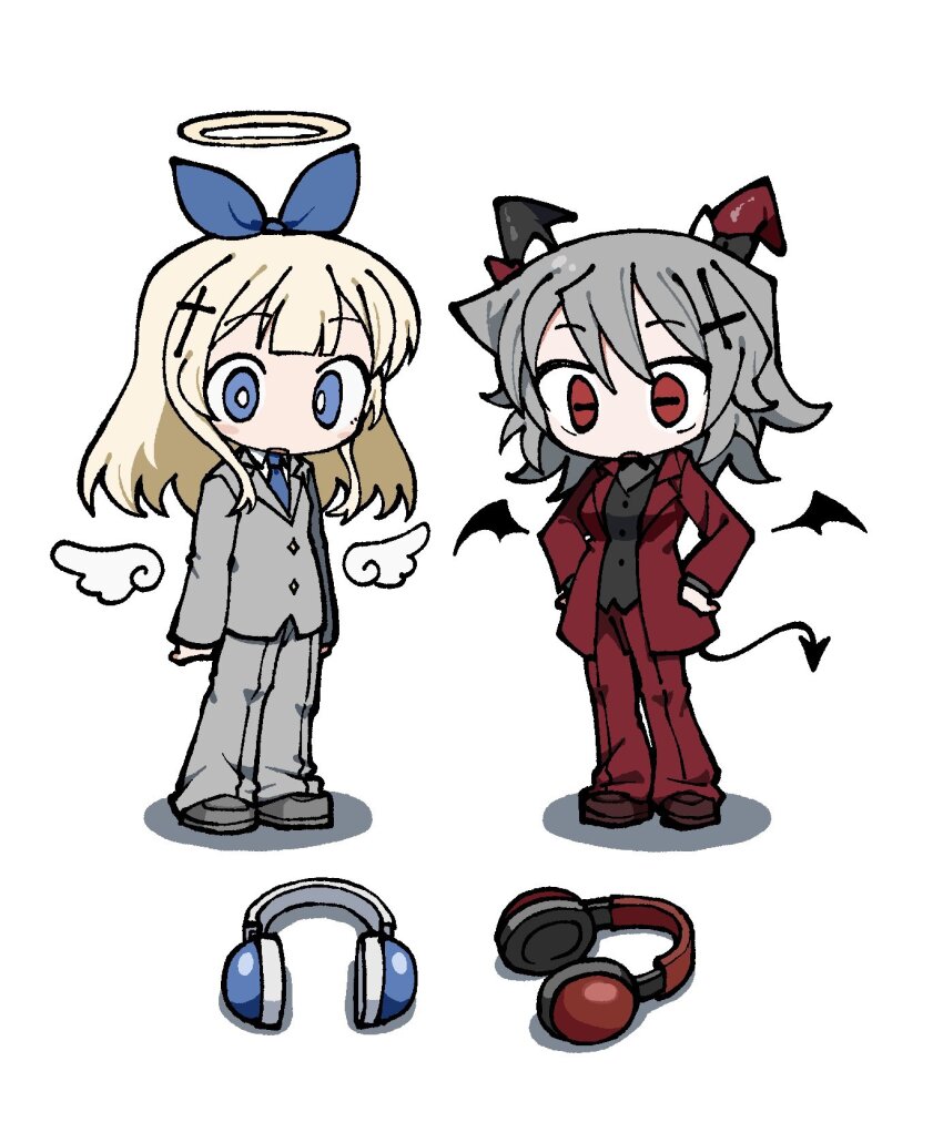 2girls akuma_(tententengokujigokugoku) angel angel_wings black_vest blonde_hair blue_eyes blue_necktie cross cross_hair_ornament demon_girl demon_horns demon_tail demon_wings detached_wings formal_clothes full_body grey_hair grey_jacket grey_pants grey_shoes grey_suit hair_ornament halo headphones headphones_removed highres horns inverted_cross jacket latin_cross long_hair medium_hair multiple_girls necktie odayaka pants red_eyes red_jacket red_pants red_suit shoes simple_background suit tail tenshi_(tententengokujigokugoku) tententengokujigokugoku_(aiobahn) traditional_halo vest white_background wings