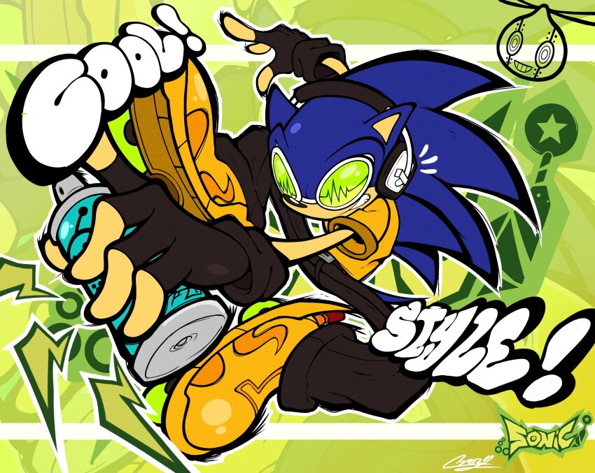 1boy absurdres animal_ears animal_nose beat_(jsr) beat_(jsr)_(cosplay) black_gloves black_pants blue_fur can character_name copyright_name cosplay crazypstg doodle_inset english_text fingerless_gloves gloves green-tinted_eyewear green_background grin headphones highres holding holding_can inline_skates jet_set_radio legs_up lightning_bolt_symbol male_focus omochao outline pants parody roller_skates shirt shoes short_sleeves short_tail skates smile solo sonic_(series) sonic_the_hedgehog spines spray_can spray_paint sunglasses t-shirt tail tinted_eyewear white_outline y2k_fashion yellow_shirt yellow_shoes