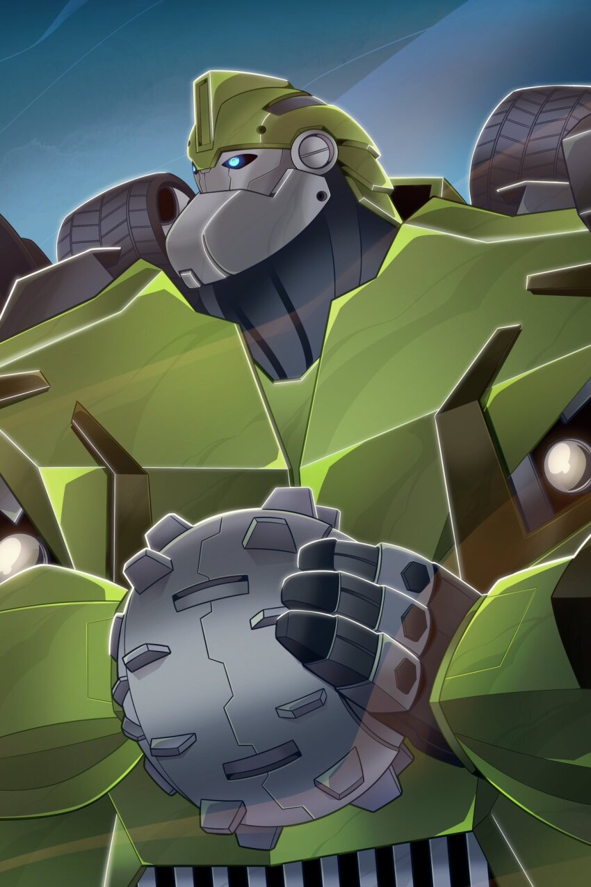 1boy blue_eyes bulkhead corporealbox helmet highres humanoid_robot machine mecha mecha_focus no_humans robot science_fiction transformers transformers_prime wheel wrecking_ball
