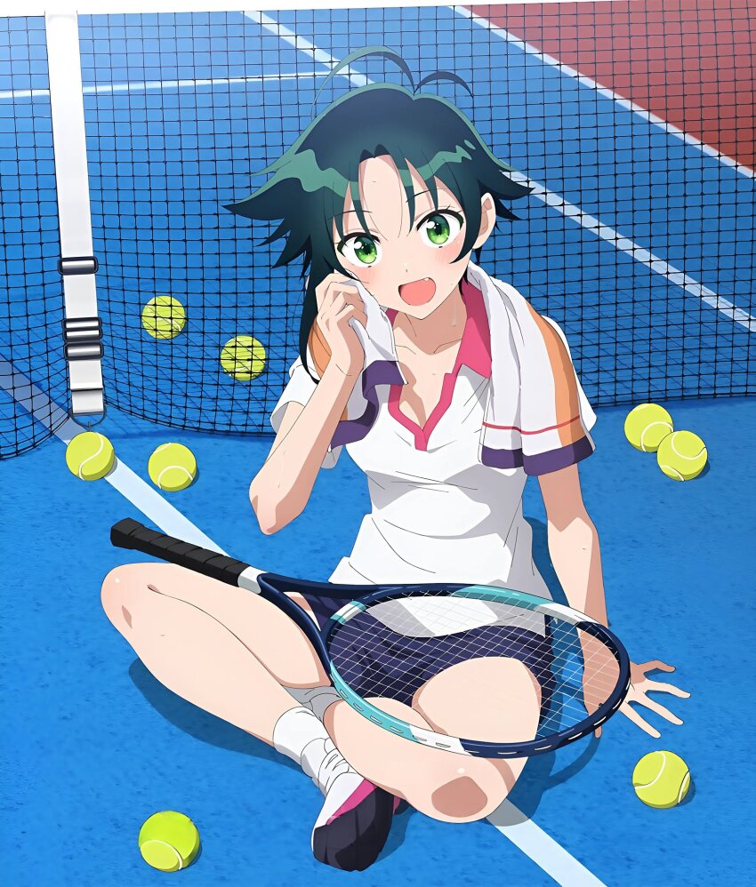 1girl ball black_hair blush breasts cleavage fang green_eyes highres looking_at_viewer official_art open_mouth racket shirt shiunji-ke_no_kodomotachi shiunji_minami short_hair shorts small_breasts smile sportswear tennis_ball tennis_court tennis_racket tennis_uniform thighs white_shirt