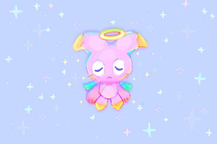 1other animal_ears chao_(sonic) closed_eyes commentary creature creature_focus english_commentary halo hero_chao highres neogeopet original other_focus rabbit_ears solo sonic_(series) sparkle standing