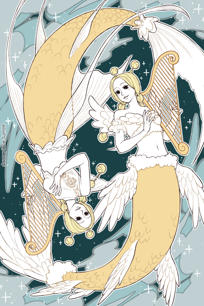 1girl antenna_hair blonde_hair blush braid commentary conis_(one_piece) crop_top daonepiece english_commentary full_body highres holding holding_instrument instrument lyre mermaid midriff monster_girl navel one_piece smile sparkle tumblr_username turtleneck twin_braids white_wings wings