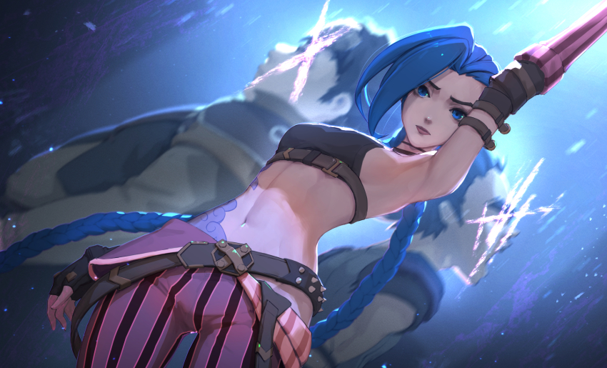 1girl arcane:_league_of_legends arcane_jinx arm_up belt blue_eyes blue_hair braid breasts claggor_(arcane) cloud_tattoo fingerless_gloves gloves highres jinx_(league_of_legends) league_of_legends looking_at_viewer loose_belt mylo_(arcane) navel pants sideboob stomach stomach_tattoo striped_clothes striped_pants tattoo tenshin_kagehisa twin_braids