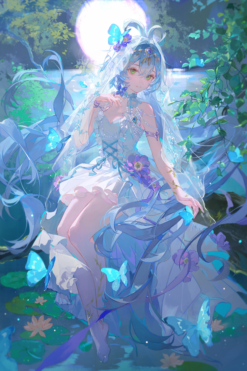 1girl absurdres armlet barefoot blue_butterfly blue_flower blue_ribbon bracelet branch bug butterfly choker closed_mouth crossed_bangs dingding_zi dress eyelashes floating_hair flower frills full_body full_moon gem gem_hair_ornament green_eyes hair_between_eyes hair_flower hair_intakes hair_ornament highres insect jewelry leaf lily_pad long_hair looking_at_viewer lotus makeup moon night night_sky original outdoors pearl_(gemstone) pink_flower purple_flower purple_gemstone ribbon ring rouge_(makeup) sidelocks sitting sky smile solo strapless strapless_dress veil very_long_hair water white_choker white_dress white_hair white_veil wind