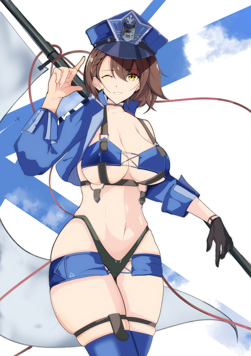 1girl absurdres azur_lane baltimore_(azur_lane) baltimore_(finish_line_flagbearer)_(azur_lane) bikini black_bikini black_choker black_gloves blue_bikini blue_boots blue_hat blue_jacket blue_shorts blue_sky boots braid braided_bangs breasts brown_hair chest_harness choker cleavage cloud collarbone commentary_request cowboy_shot cropped_jacket day detached_sleeves flag gear0710 gloves grin hair_between_eyes hand_up harness hat highleg highleg_bikini highres holding holding_pole index_finger_raised jacket large_breasts looking_at_viewer micro_shorts mismatched_bikini navel official_alternate_costume one_eye_closed peaked_cap pole race_queen short_hair shorts sidelocks single_bare_shoulder single_detached_sleeve single_glove single_sleeve skindentation sky smile solo standing stomach swimsuit thigh_boots underboob yellow_eyes
