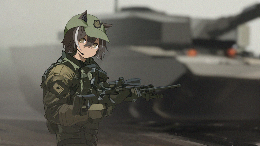 1girl absurdres animal_ears baseball_cap bipod blurry blurry_background bolt_action brown_eyes brown_hair canadian_army canadian_flag cat_ears commission dmj_neco earpiece from_side gloves gun hair_between_eyes handgun hat highres holding holding_gun holding_weapon holster holstered insignia leopard_2 looking_at_viewer military military_combat_uniform military_uniform military_vehicle motor_vehicle multicolored_hair original pistol rifle scope short_hair skeb_commission sniper_rifle soldier streaked_hair tank upper_body weapon white_hair