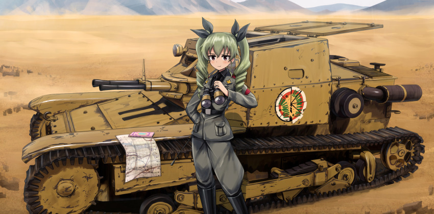 1girl anchovy_(girls_und_panzer) anzio_(emblem) anzio_military_uniform armored_vehicle binoculars book breasts carro_veloce_cv-33 caterpillar_tracks day desert drill_hair emblem girls_und_panzer green_eyes highres jodhpurs kk90 map military military_vehicle motor_vehicle necktie pants red_eyes smile solo tank twin_drills twintails