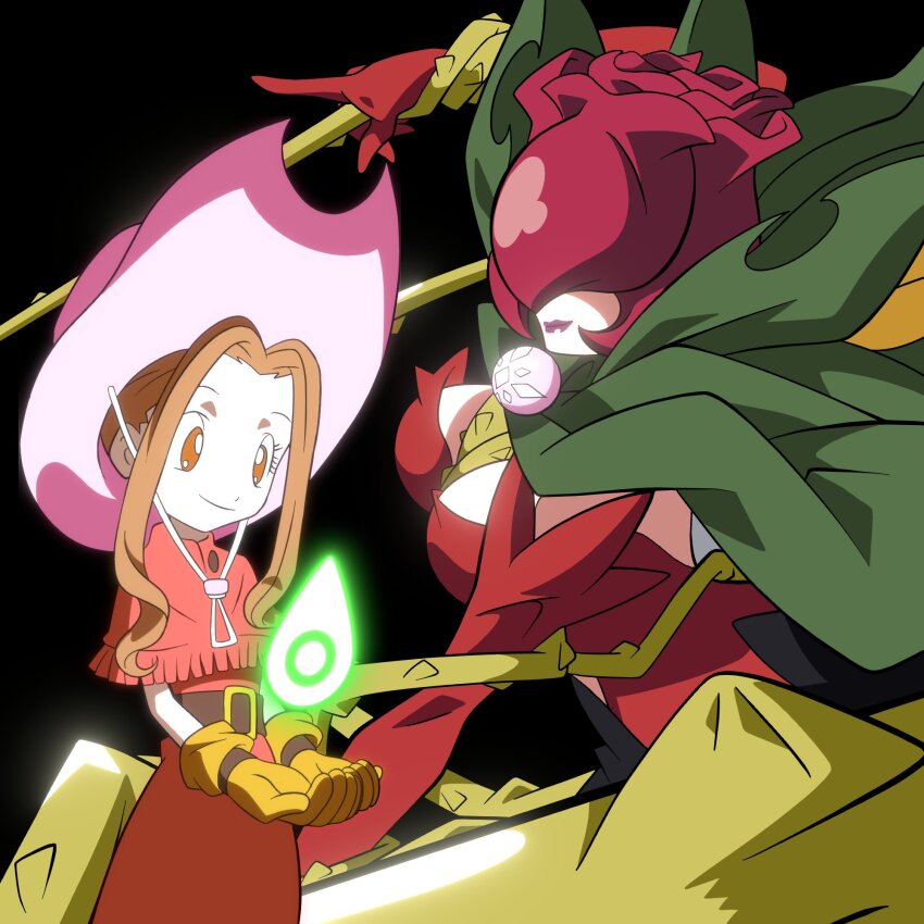 brown_eyes brown_hair cape covered_eyes crests_(digimon) digimon digimon_(creature) digimon_adventure flower highres long_hair mask officialseraphimon petals rosemon tachikawa_mimi