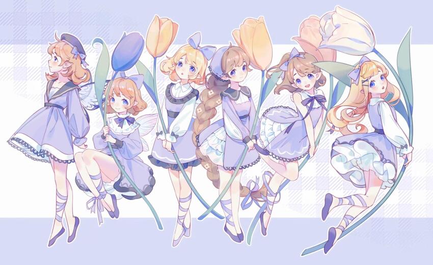 6+girls :d :o ballet_slippers beret blonde_hair blue_flower blue_tulip bow braid butterfly_wings crossed_legs dress flower from_behind full_body hair_bow hat hat_bow headscarf hidari_(nanmu-left) highres holding holding_flower insect_wings leg_ribbon leg_up long_hair long_sleeves looking_at_viewer looking_back looking_to_the_side medium_hair multiple_girls one_side_up open_mouth original oversized_flower profile puffy_long_sleeves puffy_sleeves purple_background purple_bow purple_dress purple_eyes purple_flower purple_headscarf purple_headwear purple_ribbon ribbon short_hair single_braid sitting smile tiptoes tulip very_long_hair watson_cross white_flower wings yellow_flower