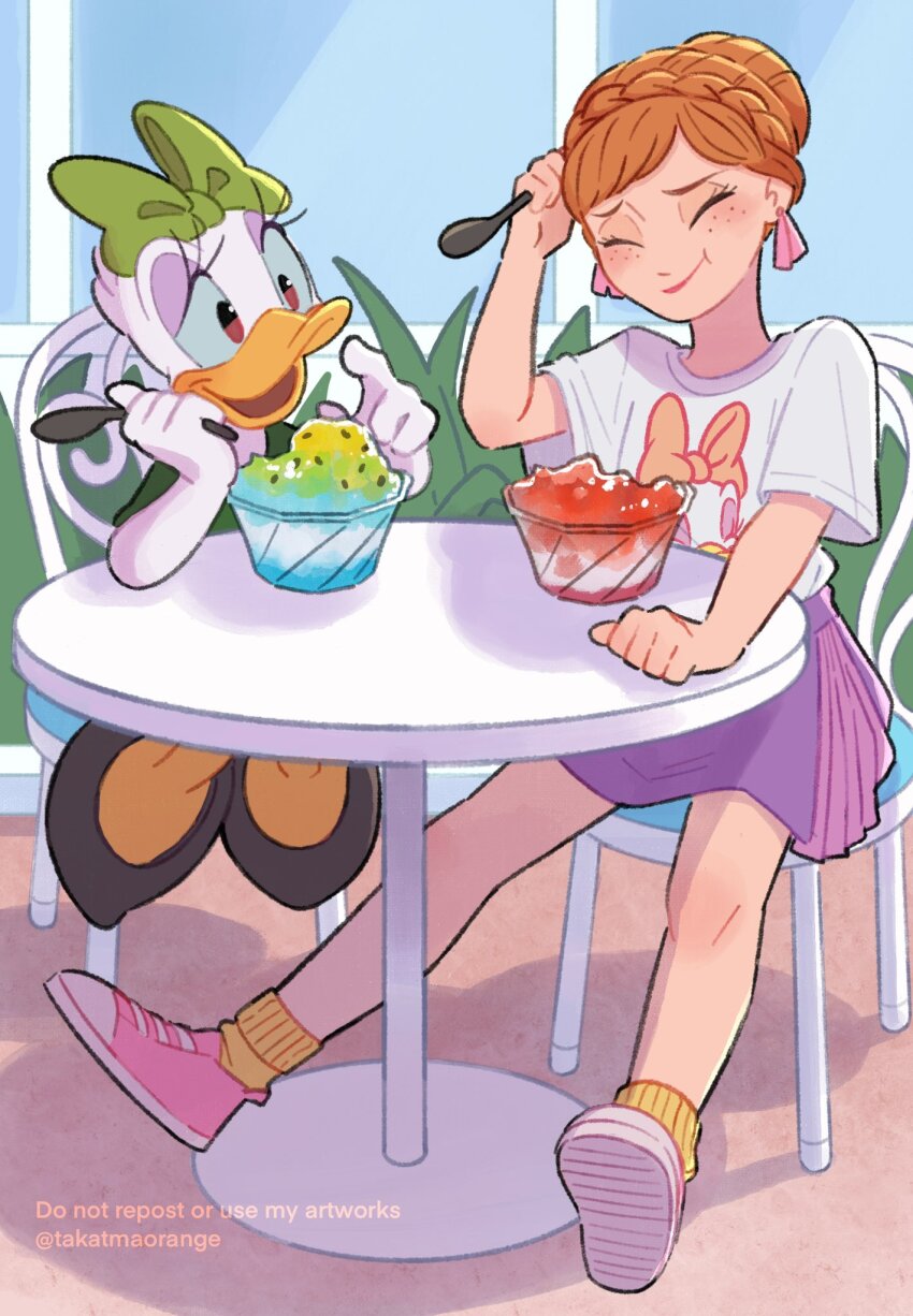 2girls alternate_costume anna_(frozen) bow brown_hair chair company_name daisy_duck disney disneyland duck_girl frozen_(disney) green_bow high_heels highres multiple_girls open_mouth shirt sitting skirt smile spoon table takatmaorange