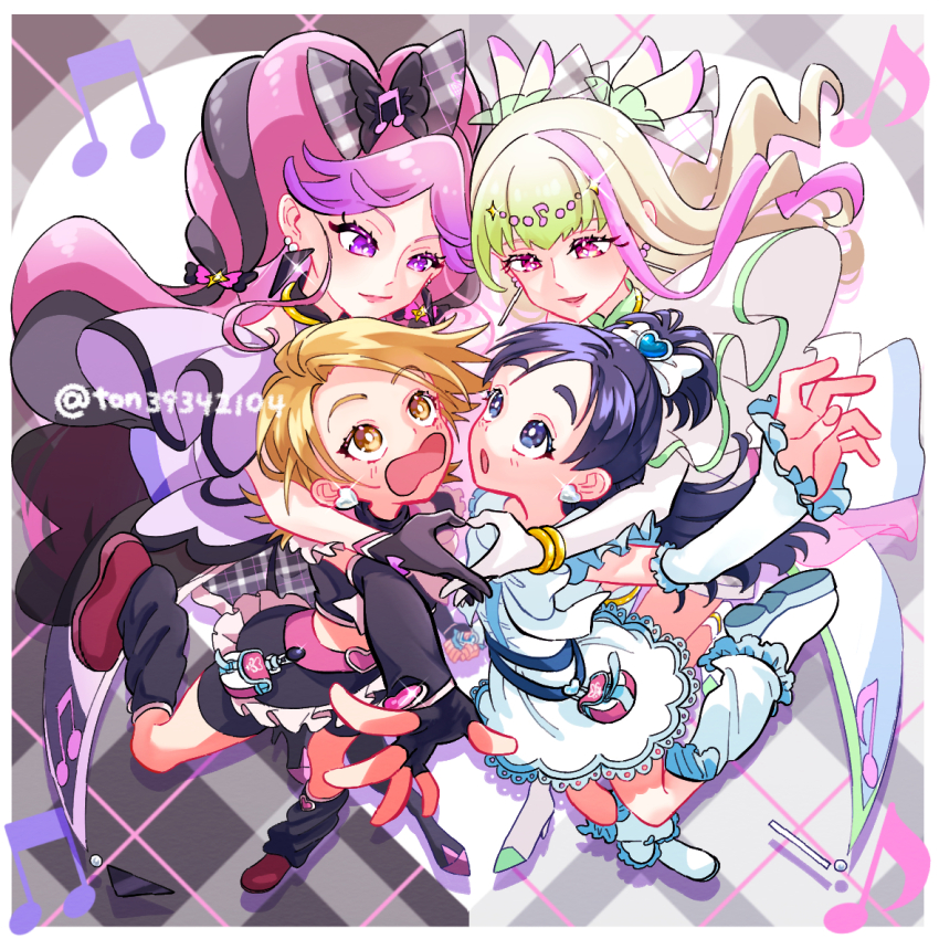 4girls belt_pouch black_gloves blonde_hair blue_eyes blunt_bangs blush boots braid closed_mouth commentary cure_black cure_kiss cure_white cure_zukyuun dress earrings english_commentary floating_hair fortissimo frilled_dress frilled_skirt frilled_sleeves frills from_behind futari_wa_precure gingham_background gloves gradient_hair hair_ornament hair_ribbon hair_wings half_up_bun heart heart_belt heart_earrings heart_hands heart_ribbon high_heels in-franchise_crossover jewelry kimi_to_idol_precure long_hair looking_down looking_up medium_hair midriff_peek misumi_nagisa multicolored_hair multiple_earrings multiple_girls musical_note musical_note_hair_ornament open_mouth parted_bangs pink_hair pouch precure purple_eyes ribbon skirt surprised ton_(ton39342104) twin_braids twintails twitter_username very_long_hair white_gloves wing_hair_ornament wrist_cuffs yukishiro_honoka