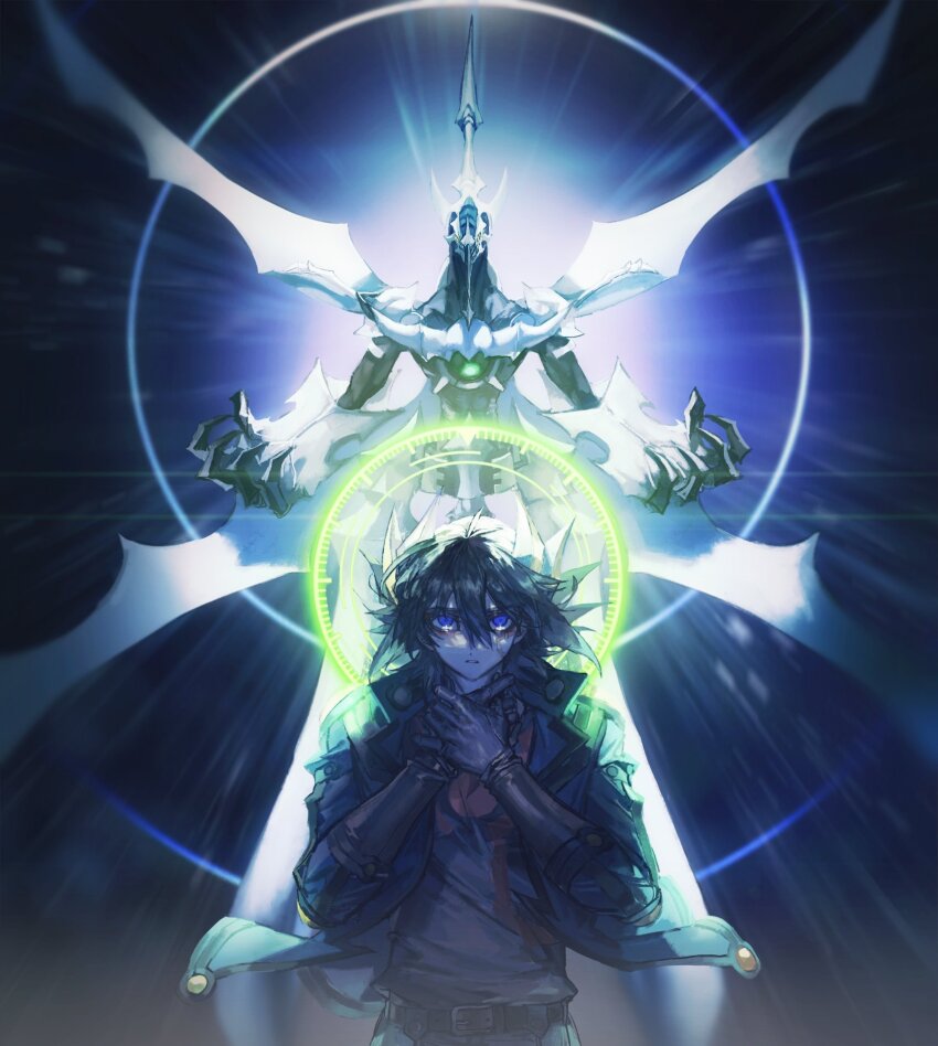 1boy bad_link belt belt_pouch black_hair black_shirt blue_eyes blue_jacket brown_belt brown_footwear brown_gloves crossed_arms crossed_hands dappled_sunlight denim dragon duel_monster elbow_gloves elbow_pads energy_ring facial_mark facing_viewer flying fudo_yusei gloves hands_on_own_chest highres jacket jeans knee_pads light_particles looking_at_viewer looking_up male_focus mecha mechanical_arms mechanical_legs mechanical_wings momentcorefly open_clothes open_jacket outdoors own_hands_together pants popped_collar pouch robot shirt shooting_quasar_dragon shoulder_pads sleeveless sleeveless_shirt source_request spiked_hair sunlight wind wings yu-gi-oh! yu-gi-oh!_5d&#039;s