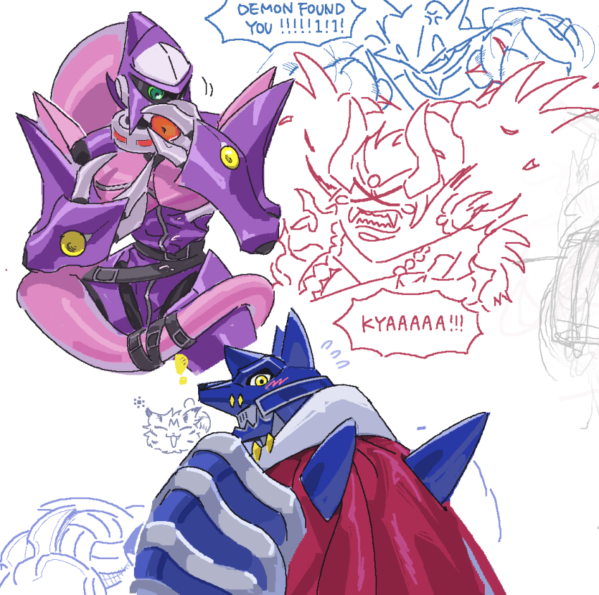 belt demon_(digimon) digimon digimon_(creature) green_eyes highres horns looking_at_viewer miragegaogamon sharp_teeth snatchmon tail teeth ulforcev-dramon wanyamon
