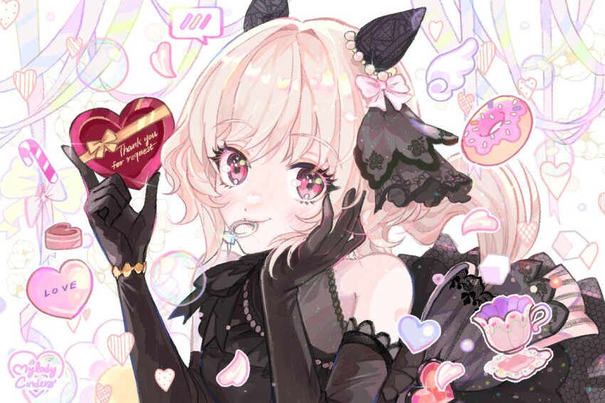 1girl animal_ears bare_shoulders black_dress black_gloves bow box breasts candy candy_cane cherrydeswa closed_mouth cup curren_chan_(sakutsuki_ma_cherie)_(umamusume) curren_chan_(umamusume) donut dress ear_covers elbow_gloves food gift gloves hair_bow heart heart-shaped_box holding holding_gift horse_ears horse_girl horse_tail jewelry light_brown_hair mouth_hold petals pink_eyes ring saucer short_hair sleeveless sleeveless_dress small_breasts smile solo spoken_blush tail teacup umamusume