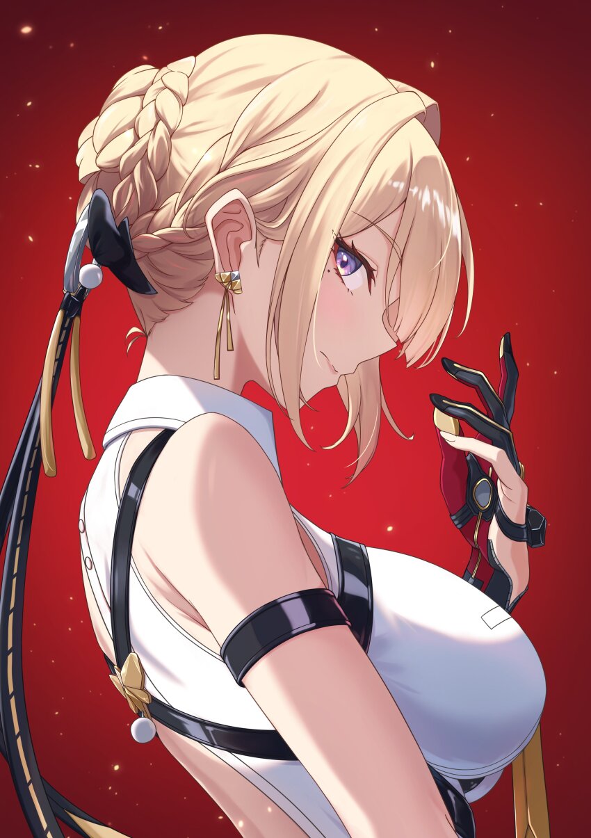 1girl absurdres bare_shoulders blonde_hair blush breasts closed_mouth earrings evelyn_chevalier from_side hair_up hand_up highres jewelry large_breasts light_particles looking_at_viewer purple_eyes red_background ring_hair_ornament shirt sideways_glance sleeveless sleeveless_shirt solo upper_body vic_1223 zenless_zone_zero