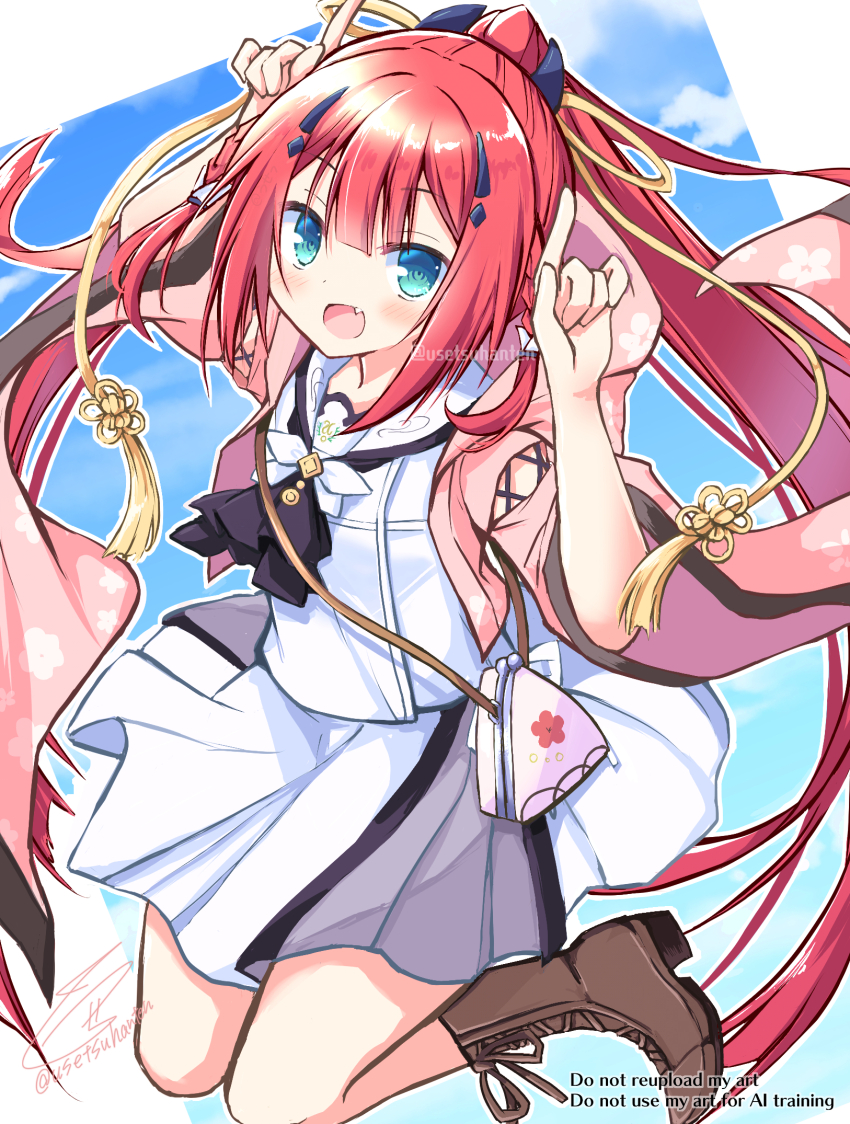 1girl :d ascot bag black_ascot blue_background blue_eyes blunt_bangs blush boots brown_boots center-flap_bangs cherry_blossom_print commentary_request fang floating_clothes floating_hair floral_print floral_print_kimono full_body hair_ornament hairclip handbag hands_up happy highres hood hood_down hooded_kimono horns_pose index_fingers_raised japanese_clothes kamiyama_shiki kimono lace-up_boots long_hair looking_at_viewer open_clothes open_kimono open_mouth pink_kimono ponytail print_kimono red_hair sailor_collar school_uniform serafuku shirt signature simple_background sitting skirt smile solo summer_pockets summer_pockets_school_uniform tassel tassel_hair_ornament twitter_username usetsusakon2 very_long_hair wariza white_sailor_collar white_serafuku white_shirt white_skirt