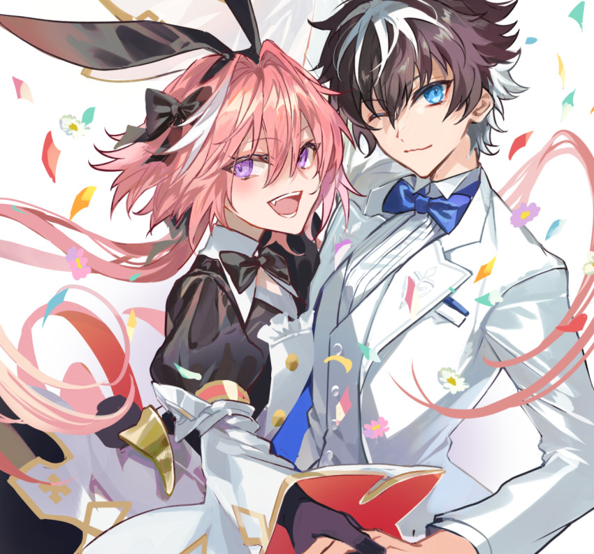 2boys astolfo_(fate) astolfo_(saber)_(fate) black_bow black_dress blue_bow blue_eyes bow brown_hair buttons charlemagne_(fate) charlemagne_(fgo_fes._2022)_(fate) closed_mouth collared_shirt dress fate/apocrypha fate/extella fate/extella_link fate/extra fate/grand_order fate_(series) flower hair_between_eyes hair_bow highres jacket long_hair long_sleeves looking_at_viewer male_focus multiple_boys one_eye_closed open_mouth pink_eyes pink_flower pink_hair poppoman shirt short_hair short_sleeves smile teeth upper_body white_background white_flower white_jacket white_shirt