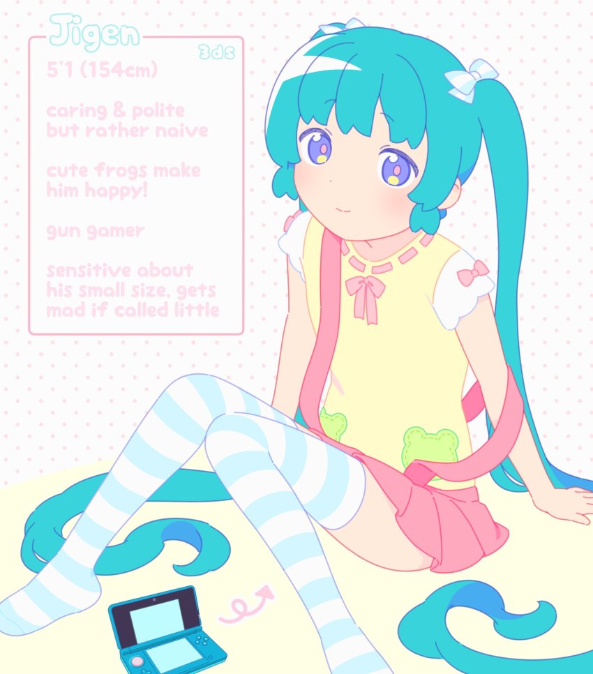 1boy aqua_eyes console handheld_game_console highres long_hair nintendo_3ds original pastel_colors purple_eyes ribbon tagme tay thighhighs trap twintails