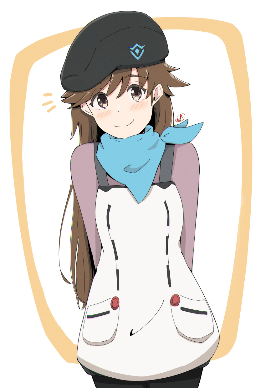 1girl absurdres apron arms_behind_back beret breasts brown_eyes brown_hair closed_mouth commentary_request commission evangelion:_3.0+1.0_thrice_upon_a_time evangelion:_3.0_you_can_(not)_redo hat highres long_hair long_sleeves looking_at_viewer nanaki_(noname41) neckerchief neon_genesis_evangelion pixiv_commission rebuild_of_evangelion scarf shirt simple_background small_breasts smile solo suzuhara_sakura uniform white_apron