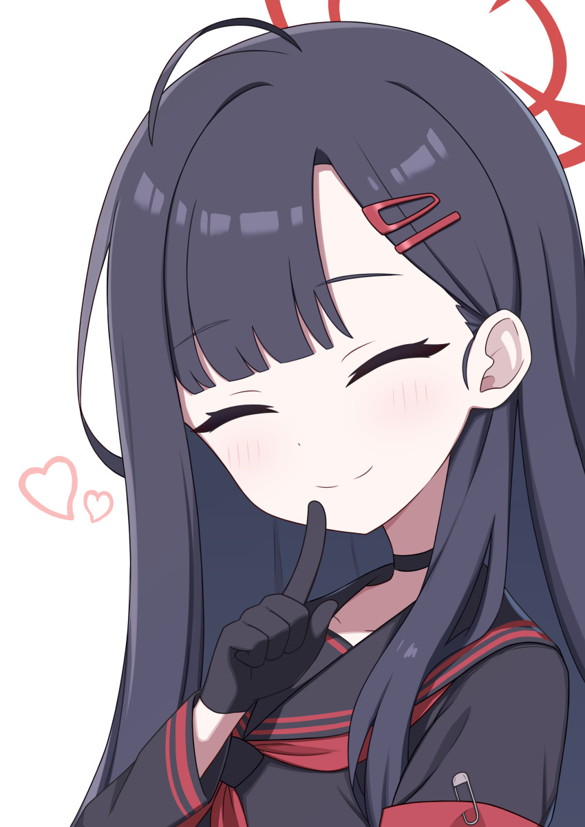 1girl absurdres ahoge black_gloves black_hair black_shirt blue_archive closed_eyes finger_to_mouth gloves halo heart highres ichika_(blue_archive) looking_at_viewer portrait sailor school_uniform shirt shushing smile solo upper_body white_background zddma20