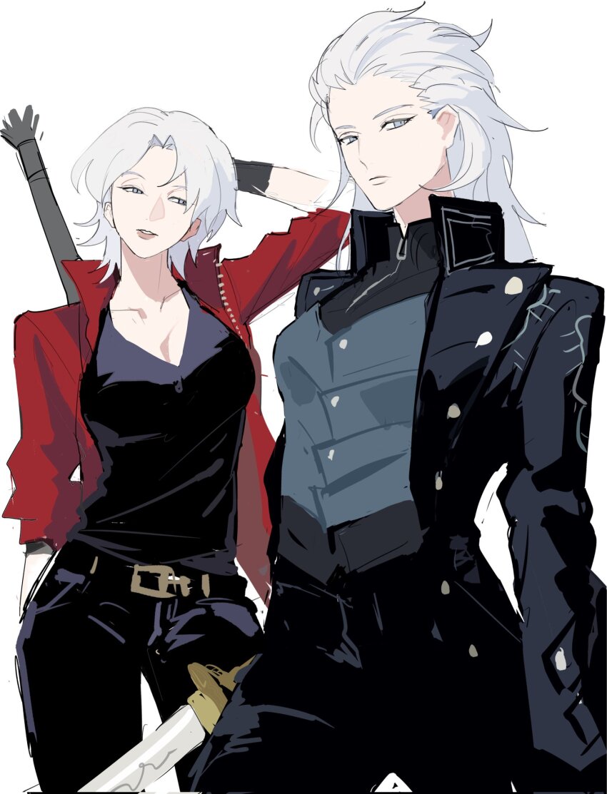 2girls black_gloves blue_eyes breasts closed_mouth coat dante_(devil_may_cry) devil_may_cry_(series) devil_may_cry_5 genderswap genderswap_(mtf) gloves highres holding holding_weapon jacket long_hair looking_at_viewer multiple_girls rebellion_(sword) red_coat short_hair simple_background smile sword utopia_87115256 vergil_(devil_may_cry) weapon white_hair yamato_(sword)