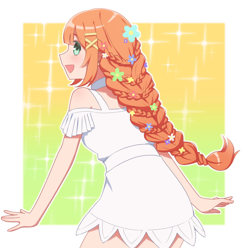 1girl :d absurdres alternate_hairstyle armpit_crease bare_shoulders blunt_bangs blush braid choker dress flower from_behind gradient_background green_background green_eyes hair_flower hair_ornament highres kingdom_hearts kingdom_hearts_iv kingdom_hearts_x long_hair looking_at_viewer open_mouth orange_hair short_dress single_braid smile solo sparkle strelitzia_(kingdom_hearts) very_long_hair w3n6ev white_choker white_dress x_hair_ornament yellow_background