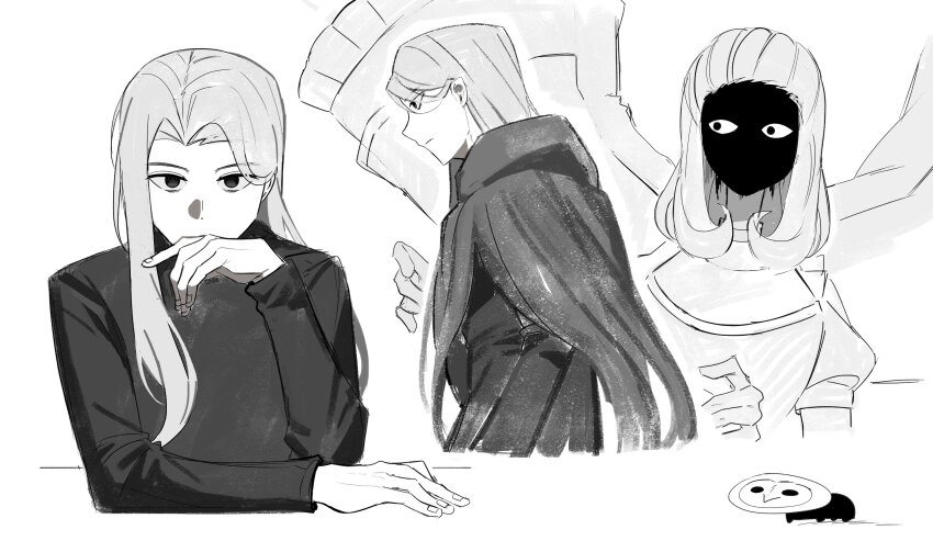 1boy 1girl absurdres asdf1211950 black_eyes black_souls black_souls_2 black_sweater cape face_in_shadow grand_guignol_(black_souls) grey_cape highres humanization long_hair long_sleeves looking_at_viewer lorde_(black_souls) owl_mask simple_background sweater upper_body white_background white_hair