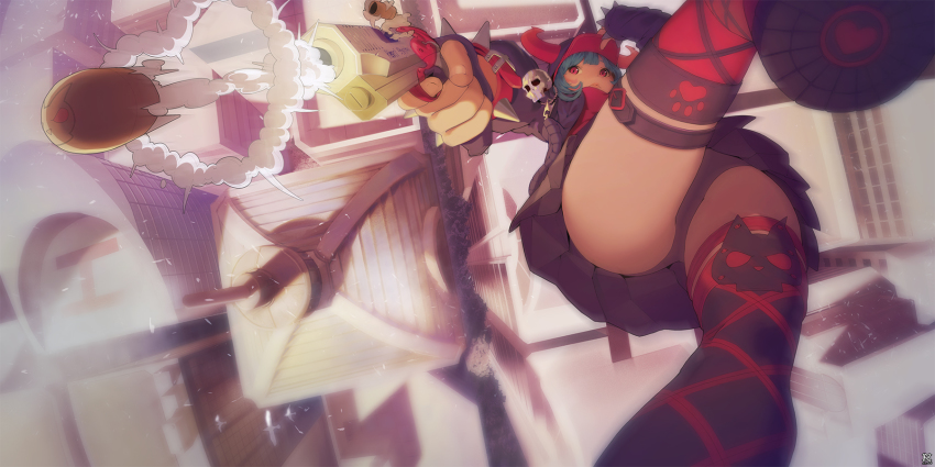 1girl arm_at_side ass asymmetrical_legwear baseball_cap belt belt_buckle black_jacket black_panties black_shoes black_skirt black_thighhighs blue_hair blurry breasts buckle building bullet city cross-laced_clothes cross-laced_legwear depth_of_field fake_horns falling female_focus finger_on_trigger firing from_above frown gun hand_on_headwear hand_up handgun hat heart helipad highres holding horned_headwear horns jacket light_particles lightning_rod long_sleeves medium_breasts midair miniskirt mismatched_legwear motion_blur open_clothes open_jacket original panties pantyshot paw_print pleated_skirt qianjing red_eyes red_shirt red_thighhighs rooftop shade shirt shoe_soles shoes skirt skull skull_print skyscraper smoke solo spikes thigh_strap thighhighs towel underwear upside-down upskirt weapon zipper