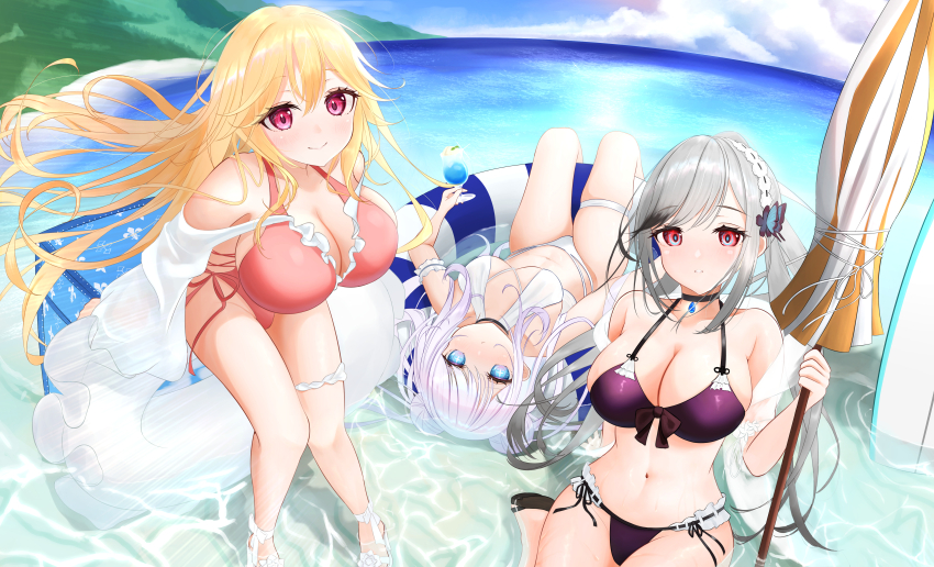 +_+ 3girls absurdres azur_lane beach_umbrella bikini black_choker blonde_hair blue_butterfly blue_eyes blue_gemstone braid breasts bug butterfly butterfly_hair_ornament choker cleavage closed_umbrella cross-laced_clothes cross-laced_one-piece_swimsuit crown_braid day double_bun dunkerque_(azur_lane) dunkerque_(summer_sucre)_(azur_lane) frilled_innertube frilled_one-piece_swimsuit frills front-tie_bikini_top front-tie_top gem grey_hair hair_between_eyes hair_bun hair_flowing_over hair_ornament hair_spread_out headdress highleg highleg_one-piece_swimsuit highres holding holding_umbrella insect large_breasts le_malin_(azur_lane) le_malin_(mercredi_at_the_secret_base)_(azur_lane) long_hair looking_at_viewer lying multiple_girls official_alternate_costume on_back one-piece_swimsuit outdoors purple_bikini red_eyes red_one-piece_swimsuit richelieu_(azur_lane) richelieu_(fleuron_of_the_waves)_(azur_lane) side-tie_swimsuit sky small_breasts summer swimsuit tsuri_pi umbrella very_long_hair water white_bikini white_hair white_innertube