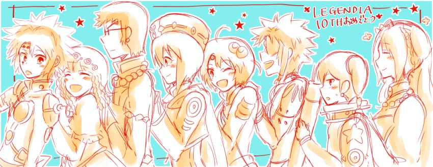 4boys 4girls blush breasts chloe_valens dress eyepatch closed_eyes glasses grune_(tales) hair_ornament hat jay_(tales) long_hair monochrome moses_sandor multiple_boys multiple_girls norma_beatty one_eye_closed senel_coolidge shirley_fennes short_hair side_ponytail tales_of_(series) tales_of_legendia tattoo will_raynard wink