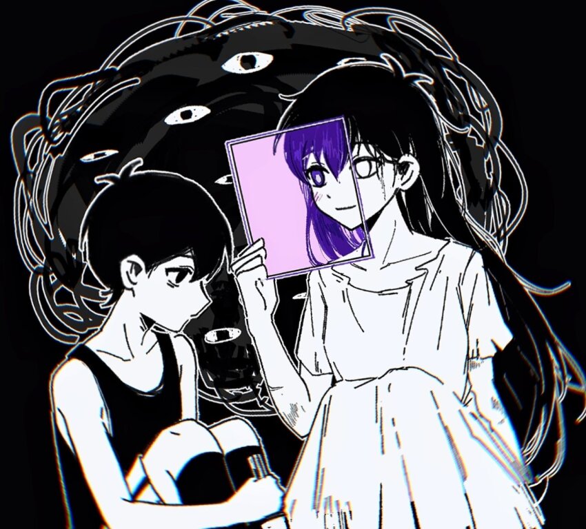 1boy 1girl antenna_hair bare_arms bare_shoulders black_background bright_pupils brother_and_sister chromatic_aberration closed_mouth collarbone dress hair_behind_ear hair_between_eyes holding kneehighs knees_up long_hair looking_at_another mari_(headspace)_(omori) mari_(omori) niu_tata no_pupils official_alternate_eye_color omori profile purple_eyes purple_hair revealing_layer short_hair short_sleeves siblings simple_background sitting smile socks something_(omori) spoilers tank_top white_pupils