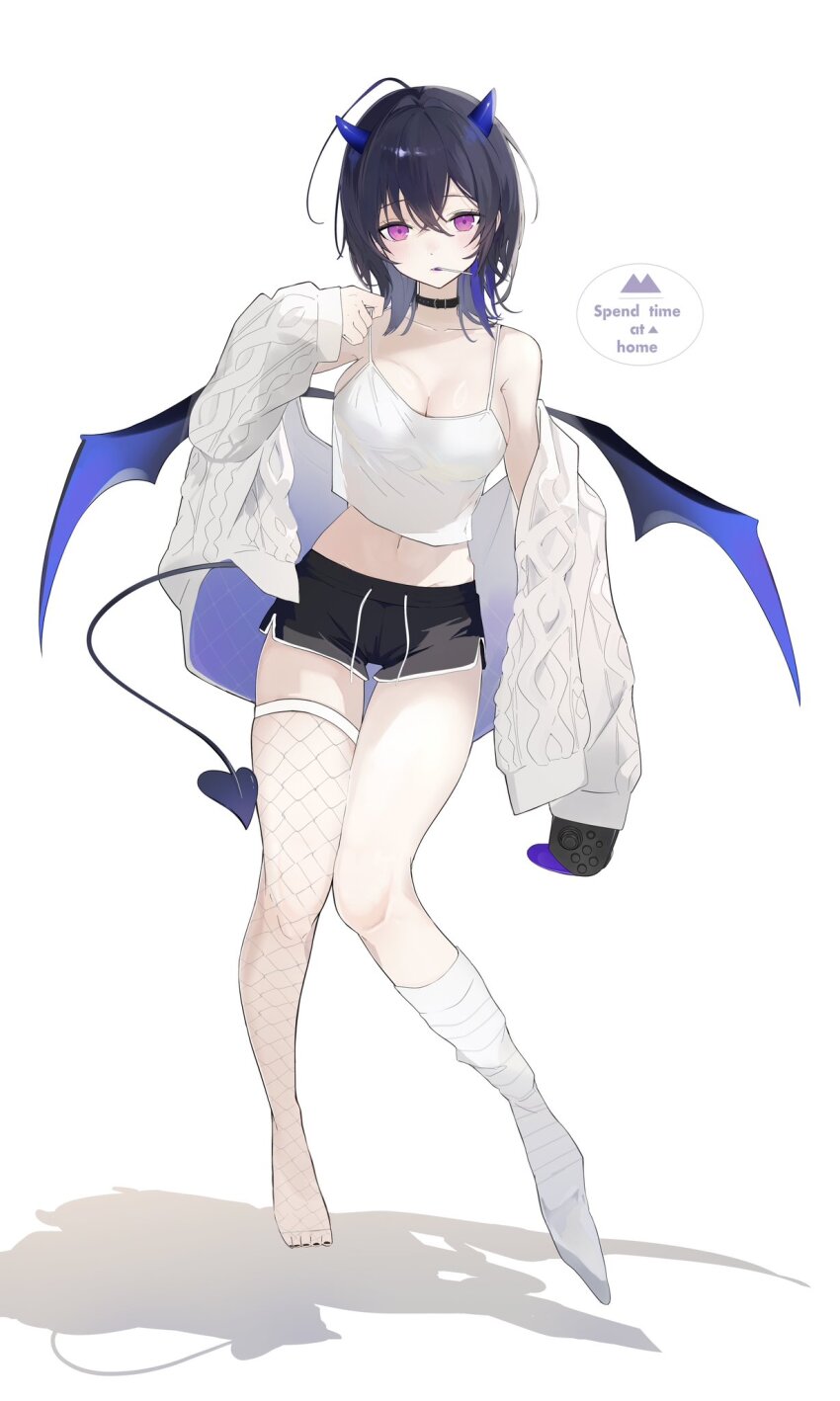 1girl ahoge alternate_costume armpit_crease belt_collar black_hair black_shorts breasts cable_knit candy cardigan cleavage collar collarbone colored_inner_hair commentary_request controller crop_top demon_horns demon_tail demon_wings dolphin_shorts drawstring fishnet_thighhighs fishnets food food_in_mouth full_body game_controller heart heart_tail highres holding holding_controller holding_game_controller horns ichinose_uruha lollipop long_sleeves lupinus_virtual_games medium_breasts medium_hair midriff momochi_tamalu multicolored_hair navel off_shoulder purple_eyes see-through_silhouette shadow shorts single_loose_sock single_sock single_thighhigh socks solo spaghetti_strap strap_pull tail tank_top thighhighs virtual_youtuber vspo! white_background white_cardigan white_socks white_tank_top wings wolf_cut
