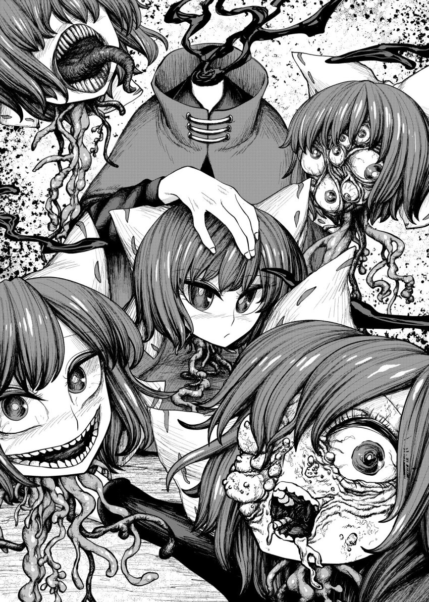 1girl blood bloodshot_eyes blush body_horror bow cloak commentary_request disembodied_head evil_smile floating_head greyscale guro hair_bow hand_on_own_head hatching_(texture) high_collar highres horror_(theme) long_sleeves long_tongue looking_at_viewer monochrome morph426 multiple_heads open_mouth sekibanki shirt short_hair smile tongue too_many_eyes touhou wide-eyed
