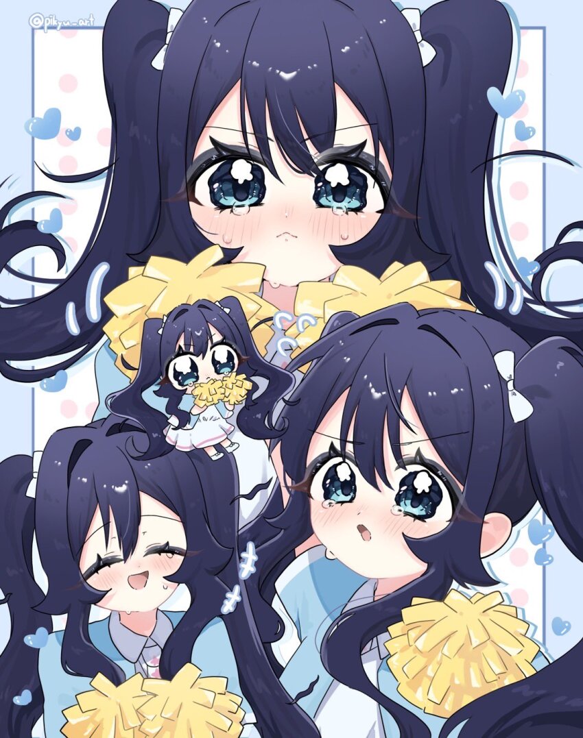 1girl :&lt; :d black_hair blue_eyes blush bow cheerleader commentary flying_sweatdrops frown hair_between_eyes hair_bow hair_intakes heart highres holding holding_pom_poms kimi_no_koto_ga_dai_dai_dai_dai_daisuki_na_100-nin_no_kanojo long_hair looking_at_viewer multiple_views official_alternate_costume open_mouth pikyu pom_pom_(cheerleading) pom_poms sidelocks smile tearing_up twintails wavy_eyes white_bow yoshimoto_shizuka