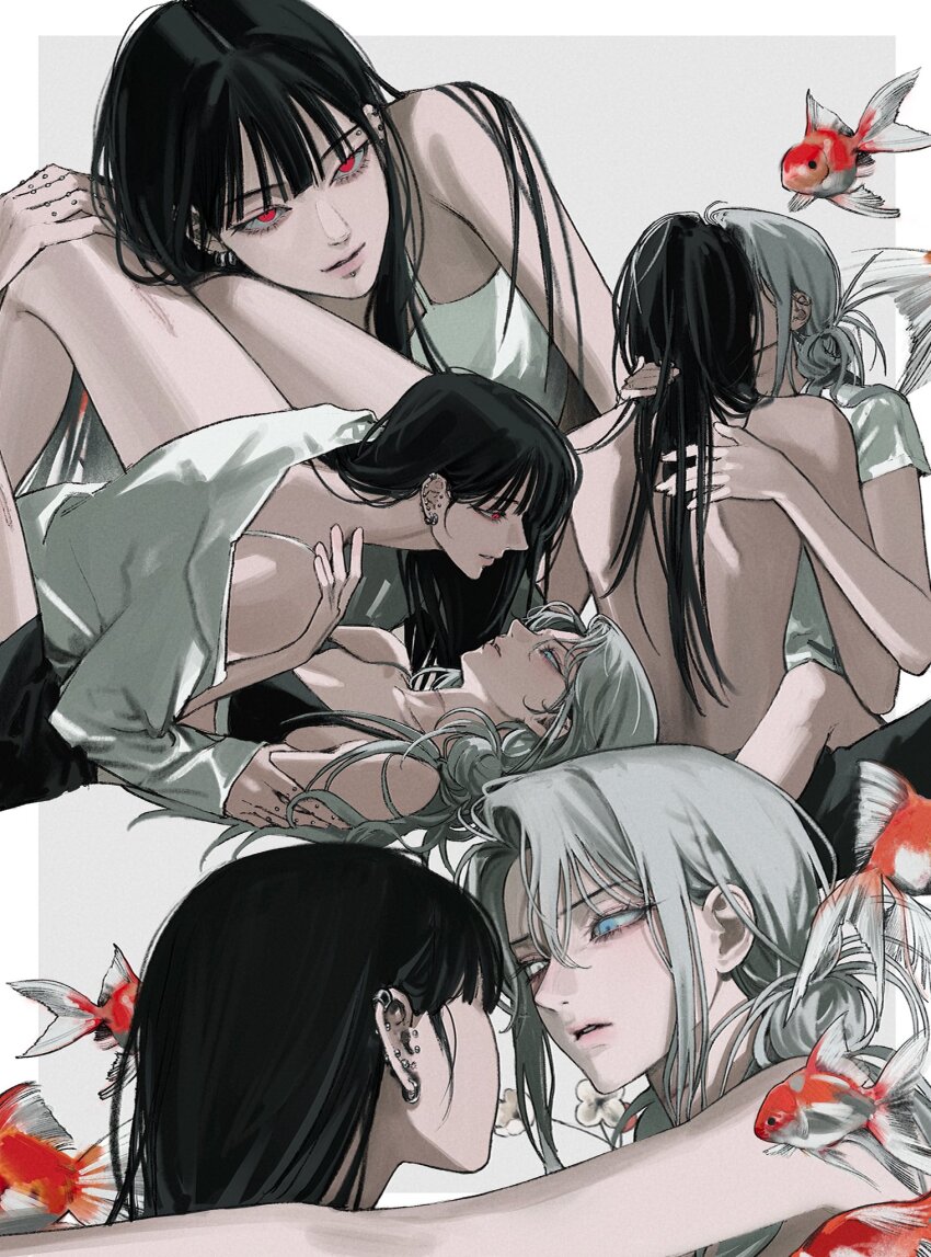2girls black_bra black_hair blue_eyes bra ear_piercing eriol_s2 finger_piercing fish fish_request flower hand_on_another&#039;s_thigh heterochromia highres kiss long_hair long_sleeves multiple_girls official_alternate_costume original parted_lips piercing red_eyes shirt short_sleeves smile topless_female underwear white_eyes white_flower white_hair white_shirt yuri