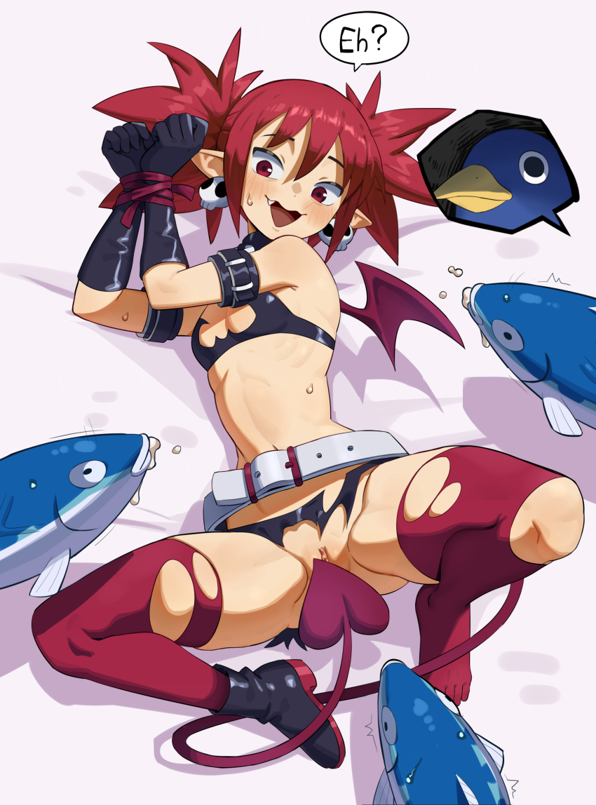 1girl :d ^^^ absurdres armband bare_shoulders bdsm bed_sheet belt bird black_armband black_boots black_bra black_gloves black_skirt blush bondage boots bound bound_wrists bra breasts clenched_hands clitoris_slip constricted_pupils covering_crotch covering_privates demon_girl demon_tail demon_wings disgaea earrings embarrassed english_text etna_(disgaea) excited fang fish flopping flowerpigeon foaming_at_the_mouth full_body gloves groin_tendon hair_between_eyes hair_up hands_up highres jewelry knee_up looking_at_creature looking_down looking_to_the_side lying makai_senki_disgaea medium_hair mini_wings motion_lines navel nervous nervous_sweating o-ring_collar on_back on_bed on_side open_mouth penguin pointy_ears prinny pussy pussy_peek raised_eyebrows red_eyes red_hair red_tail red_thighhighs red_wings restrained ribs sidelocks single_boot skirt skull_earrings small_breasts smile solo speech_bubble spoken_character spread_legs sweat sweatdrop tail thighhighs toes torn_clothes torn_skirt torn_thighhighs twintails twisted_torso uncensored underwear wavy_mouth white_background white_belt wide_spread_legs wings