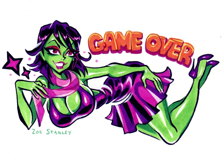 1girl banjo-kazooie black_hair bleedingpervert breasts cleavage colored_skin dress eyeshadow full_body game_over green_skin grin gruntilda_winkybunion high_heels highres large_breasts lipstick lying makeup marker_(medium) on_side purple_lips red_eyes scarf short_dress short_hair smile solo traditional_media upper_body white_background
