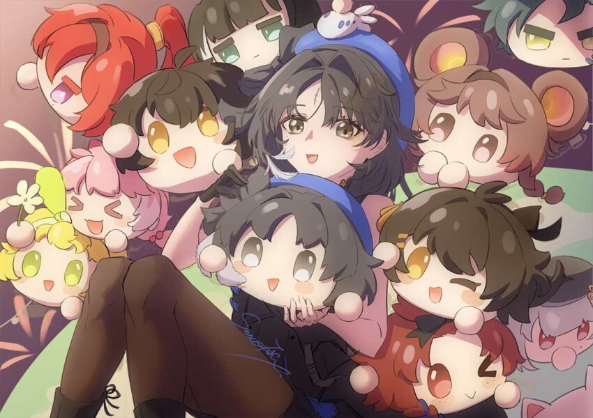 1girl baizhi_(wuthering_waves) beret black_eyes black_gloves black_hair black_pantyhose blue_hat chixia_(wuthering_waves) encore_(wuthering_waves) feather_hair female_rover_(wuthering_waves) gloves hat holding jiyan_(wuthering_waves) knees_together_feet_apart knees_up looking_at_viewer lumi_(wuthering_waves) male_rover_(wuthering_waves) objectification open_mouth pantyhose rover_(wuthering_waves) sanhua_(wuthering_waves) signature single_glove sitting smile solo tacet_mark_(wuthering_waves) verina_(wuthering_waves) wuthering_waves yangyang_(wuthering_waves) yinlin_(wuthering_waves) yukikitsune_kuutachibana