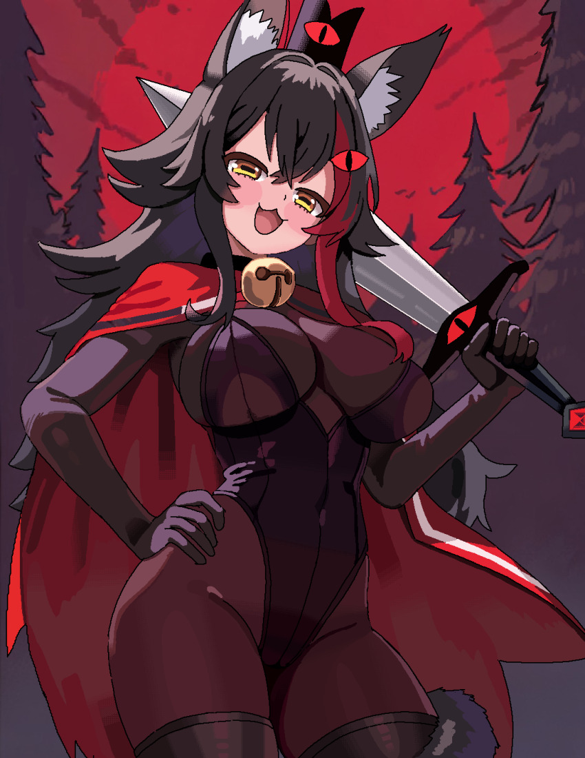 1girl :3 :d alternate_costume animal_ear_fluff animal_ears bell black_hair breasts cl_oor commentary cosplay crown cult_of_the_lamb english_commentary forest hair_between_eyes hair_ornament hand_on_own_hip highres holding holding_sword holding_weapon hololive horizontal_pupils large_breasts light_blush long_hair mixed-language_commentary multicolored_hair nature neck_bell ookami_mio open_mouth pantyhose playboy_bunny red_crown_(cult_of_the_lamb) red_hair sky smile sword tail tail_around_own_leg the_lamb_(cult_of_the_lamb) the_lamb_(cult_of_the_lamb)_(cosplay) thighhighs tree very_long_hair virtual_youtuber weapon wide_hips wolf_ears wolf_girl wolf_tail yellow_eyes