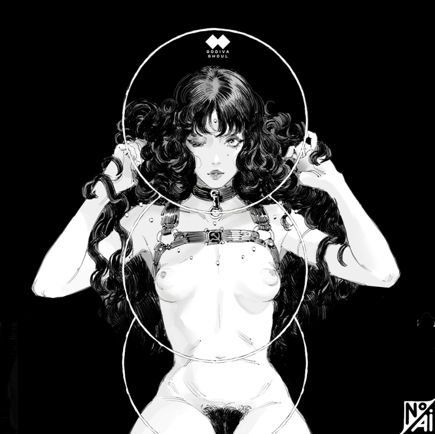 1girl adjusting_hair artist_logo artist_name bdsm black_background body_jewelry breasts chest_harness circle closed_mouth collar collarbone cowboy_shot eyelashes eyeliner female_pubic_hair fingernails forehead_jewel godiva_ghoul greyscale hammer_and_sickle hands_up harness hatching_(texture) lips logo long_fingernails long_hair looking_at_viewer makeup mole monochrome multiple_moles navel nipples nude o-ring o-ring_harness one_eye_closed original parted_bangs parted_lips pinky_out pubic_hair sharp_fingernails simple_background sitting slave small_breasts solo stomach straight-on wavy_hair