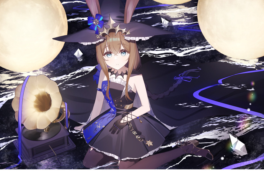 1girl absurdres ambience_synesthesia amiya_(arknights) amiya_(medic)_(arknights) amiya_(medic)_(solo_around_the_world)_(arknights) animal_ears arknights armlet bare_shoulders black_cape black_dress black_gloves black_hat black_pantyhose blue_eyes brown_hair cape clothes_writing commentary crossed_bangs dress ears_through_headwear frilled_dress frilled_hat frills gloves gold hair_between_eyes hair_ribbon hat highres jewelry lens_flare long_hair multiple_rings nishimiya_aki official_alternate_costume pantyhose parted_lips phonograph purple_ribbon ribbon ring sidelocks single_glove sitting solo witch_hat