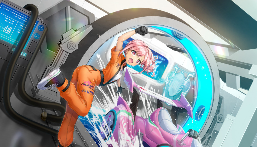 1girl ass black_gloves breasts dolphin_wave game_cg gloves hair_intakes highres highspeed_etoile jet_ski jumpsuit logo mechanic non-web_source official_alternate_costume official_art one_side_up ootomo_takuji open_jumpsuit open_mouth orange_jumpsuit pink_eyes pink_hair shirt small_breasts smile standing standing_on_one_leg urami_kana watercraft white_shirt