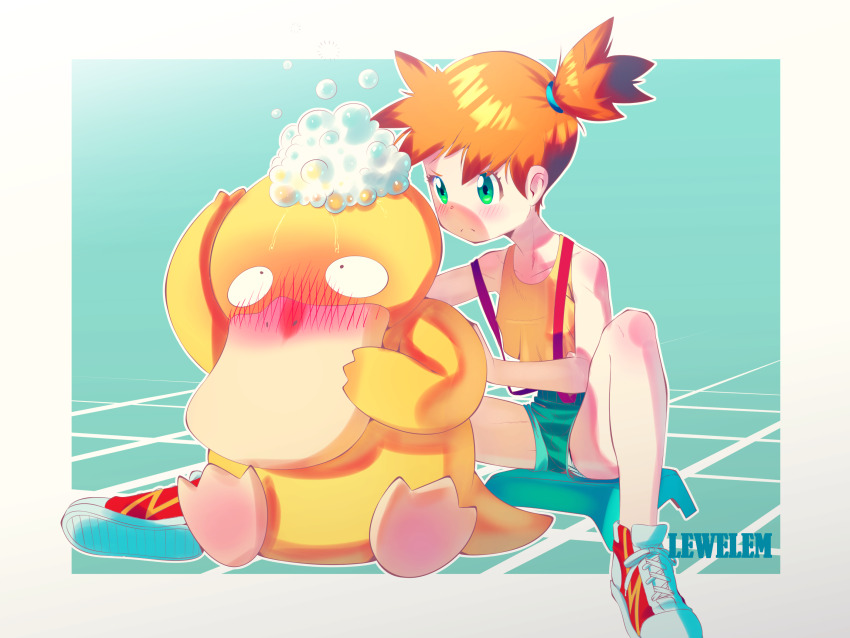 1girl 1other artist_name bare_legs blush breasts bubble closed_mouth crop_top denim denim_shorts gen_1_pokemon green_eyes hair_tie highres knee_up lewlem misty_(pokemon) nintendo orange_hair overall_shorts overalls panties panty_peek pokemon pokemon_(anime) pokemon_(classic_anime) pokemon_(creature) psyduck red_footwear shirt shoe_soles shoes short_hair short_shorts shorts side_ponytail sitting sleeveless small_breasts sneakers spread_legs strap_slip thighs tile_floor tiles underwear white_panties yellow_shirt