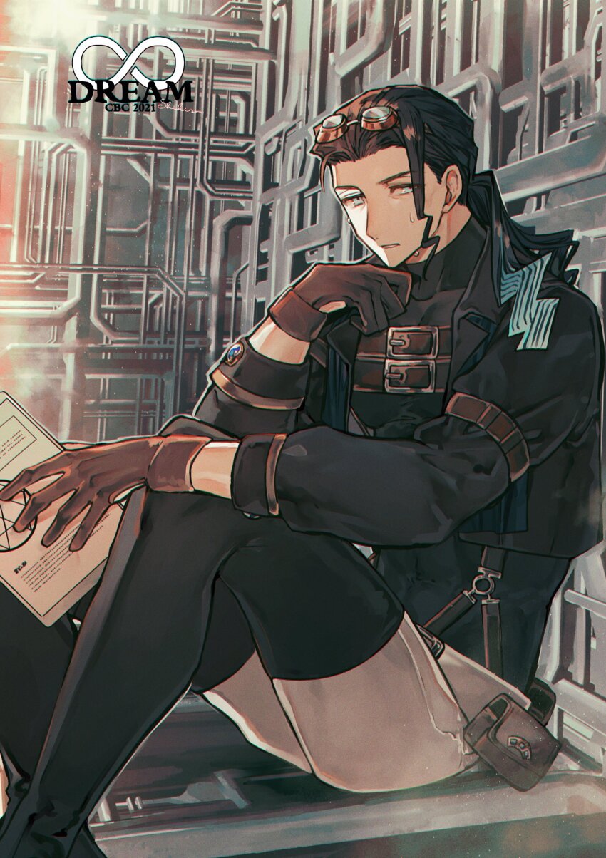 1boy albino_(a1b1n0623) belt belt_pouch black_boots black_hair black_jacket black_shirt blue_eyes boots brown_belt brown_gloves chest_belt clipboard cropped_jacket fate/grand_order fate_(series) feet_out_of_frame gloves goggles goggles_on_head hair_pulled_back hair_strand hand_on_own_chin highres holding holding_clipboard industrial_pipe infinity_symbol jacket knees_up light_particles long_hair long_sleeves looking_at_viewer low_ponytail male_focus multicolored_hair nikola_tesla_(fate) nikola_tesla_(infinity_dream)_(fate) official_alternate_costume open_clothes open_jacket pants parted_lips pectorals ponytail pouch shirt sitting sleeve_garter solo streaked_hair suspenders sweat thigh_boots tight_clothes tight_shirt white_pants