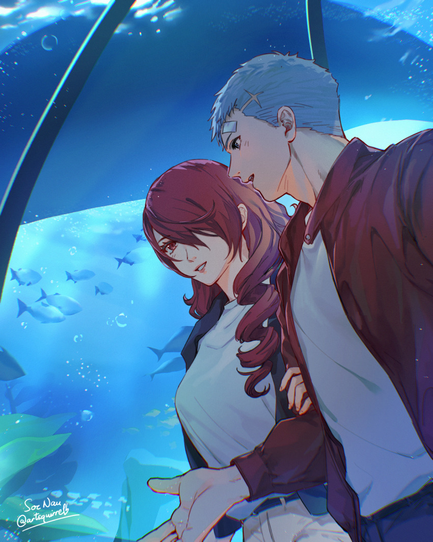 1boy 1girl aquarium artist_name bandaid bandaid_on_face bandaid_on_forehead bandaid_on_head belt bubble commentary couple drill_hair dutch_angle english_commentary fish from_below grey_hair hair_over_one_eye hair_over_shoulder hetero highres holding_another&#039;s_arm jacket kirijou_mitsuru long_hair open_clothes open_jacket open_mouth pants parted_lips persona persona_3 plant red_eyes red_hair red_jacket sanada_akihiko shirt shirt_tucked_in short_hair soc_nau water whale white_shirt