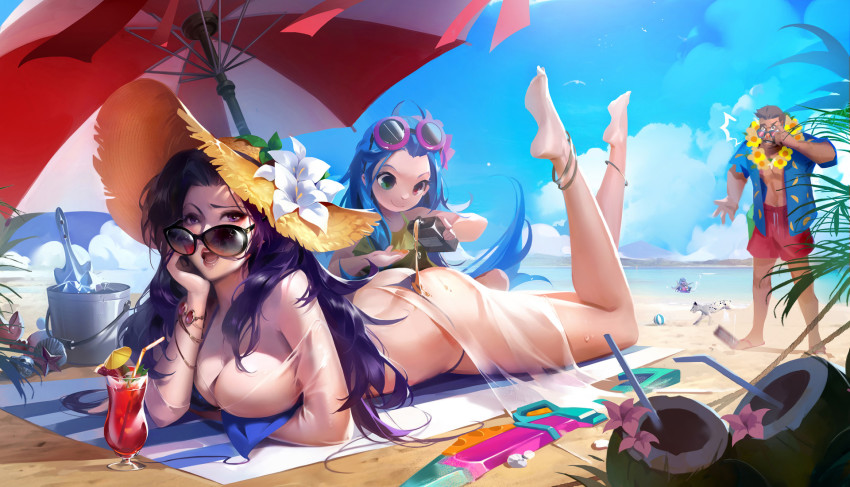 1boy 3girls anklet artist_request ass bangle barefoot beach bikini blue_bikini blue_sky bracelet breasts caitlyn_(league_of_legends) cleavage coconut day eyewear_on_head flower flower_necklace gangplank_(league_of_legends) hat hat_flower head_rest highres horizon jewelry large_breasts league_of_legends lips looking_at_viewer looking_over_eyewear looking_over_glasses lulu_(league_of_legends) lying multiple_girls necklace on_stomach open_mouth outdoors parted_bangs pool_party_caitlyn pool_party_gangplank pool_party_lulu pool_party_zoe purple_eyes purple_hair sand see-through_clothes sky string_bikini sun_hat sunglasses swimsuit tanning_oil thong thong_bikini tinted_eyewear untied_bikini zoe_(league_of_legends)